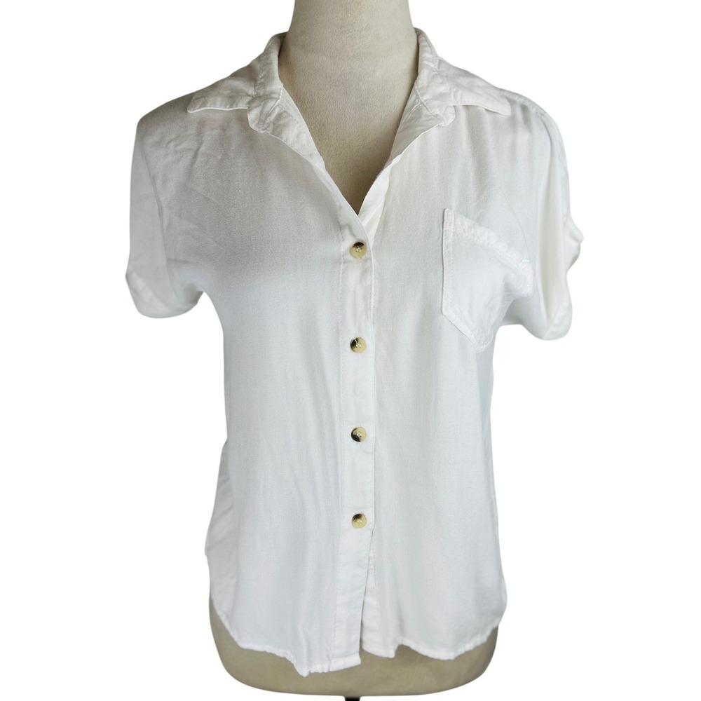 Sim & Sam Button Down Short Sleeve Pocket Top White Women's Size Small